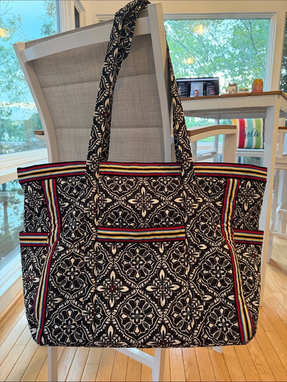 Vera Bradley Black Floral Tote with Red, Yellow & Blue Stripes